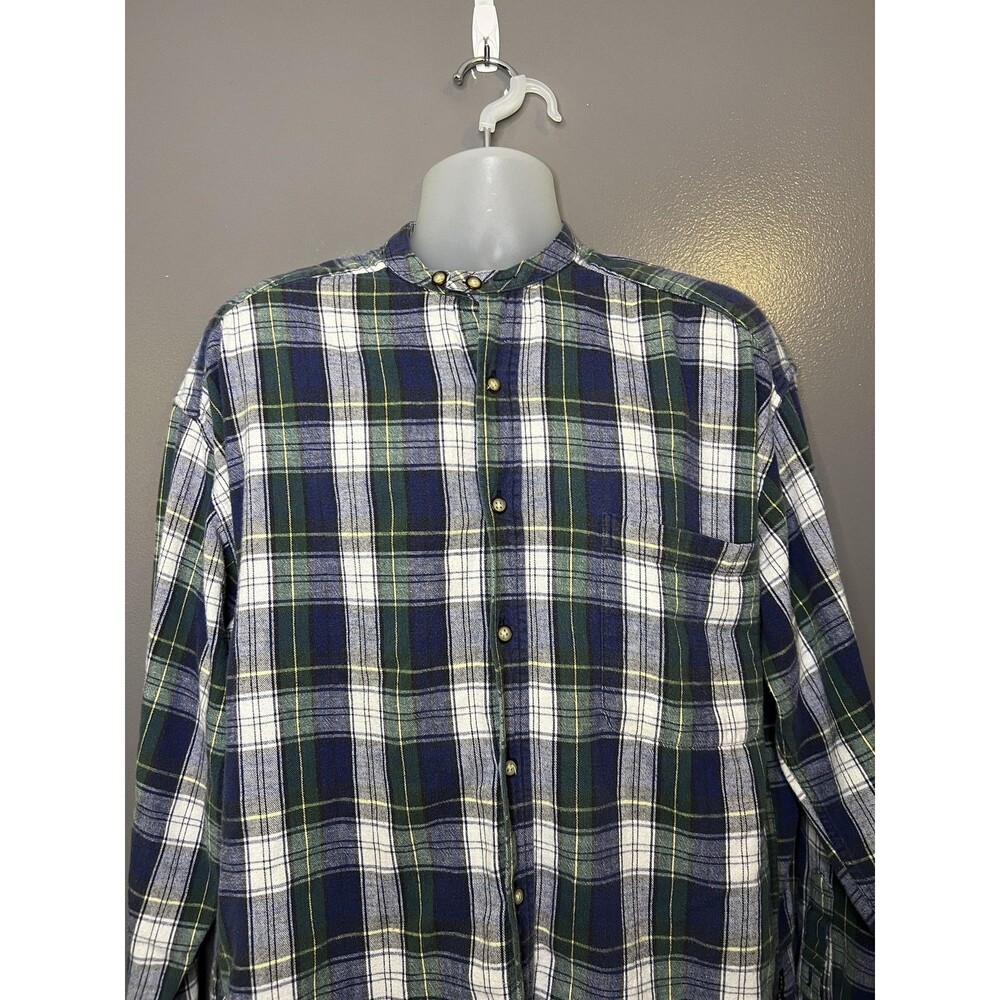 Vintage Structure Shirt Mens Large Blue Plaid Flannel Band Collar Button Front